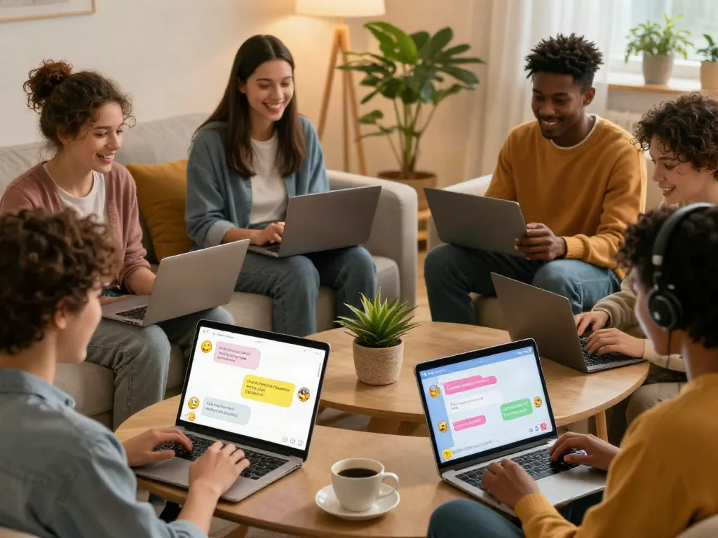 Engaging scene of users in cozy space chatting with spicy ai chatbots on their devices.