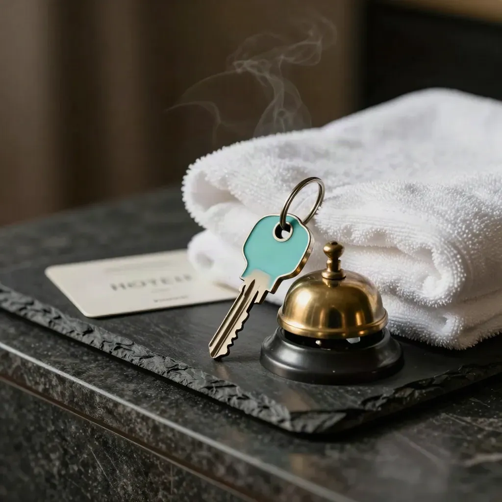 Hotelsleutel met bel, handdoek en valettray op donkere steen met teal accent