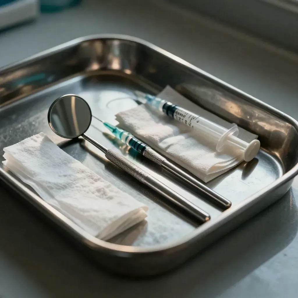 Stalen praktijktray met tandspiegel, spuitkoker en gaas op koel metaal.