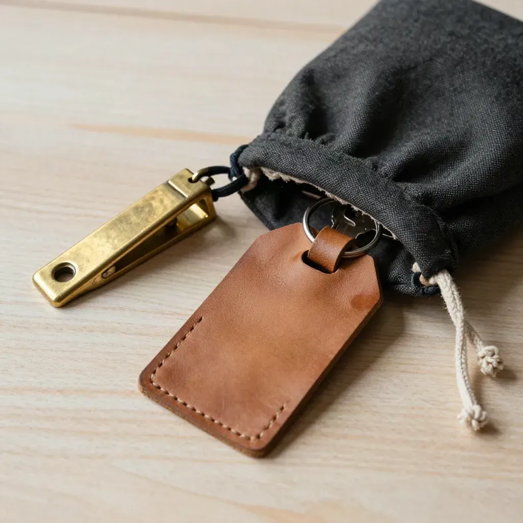 Brass latch, leren bagagelabel en linnen pouch op licht hout, van boven gefotografeerd.