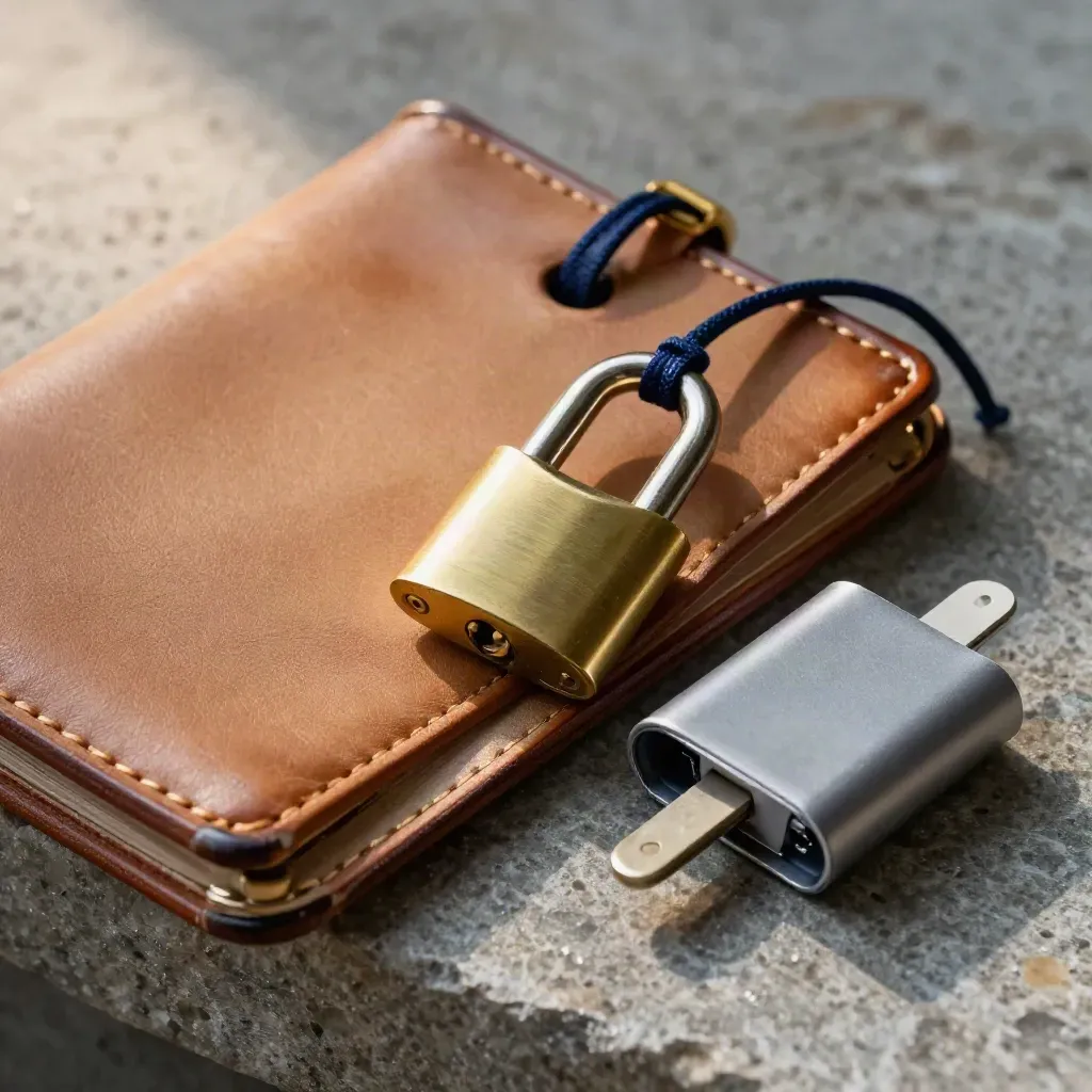 Bovenaanzicht van reisaccessoires: leren paspoortmap, bagagelabel, brasslot en adapter op steen.