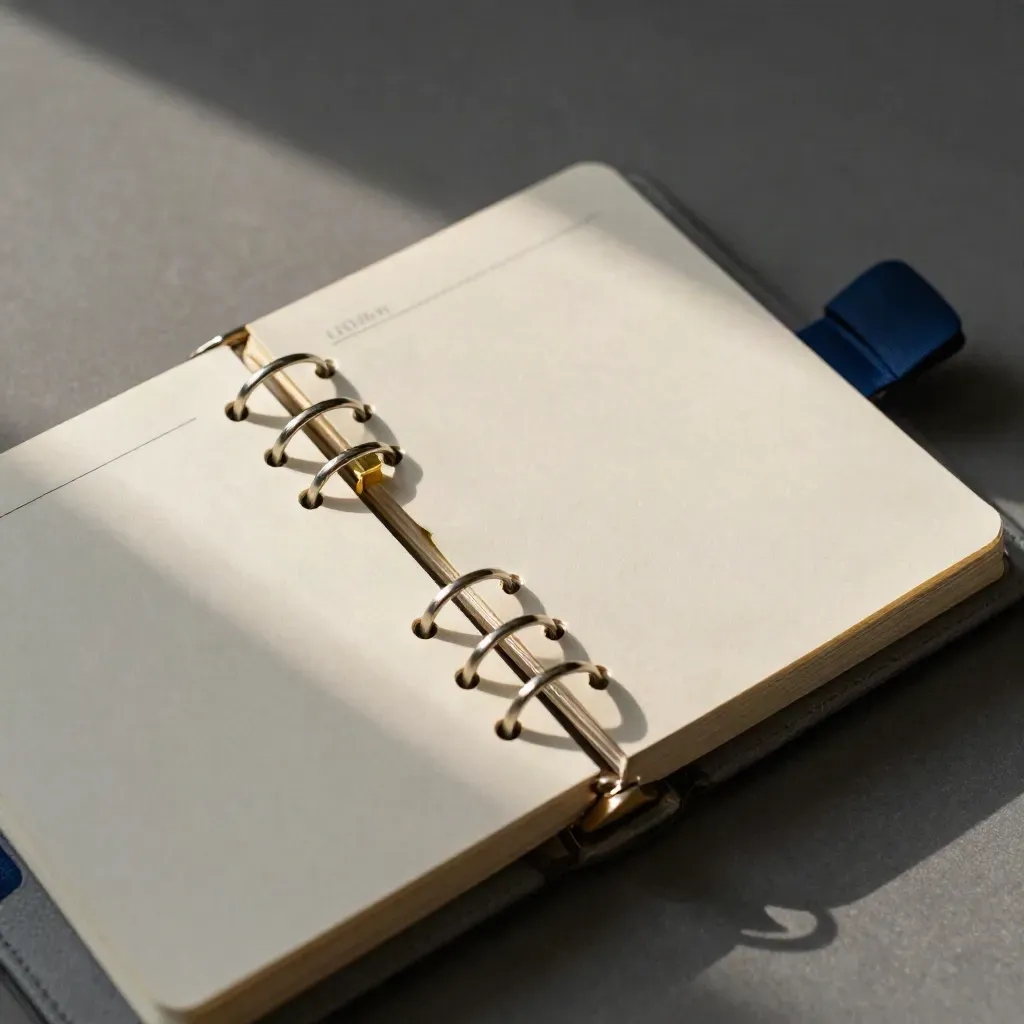 Bovenaanzicht van een ringplanner met metalen clip en koperen indexmarker op grafiet.