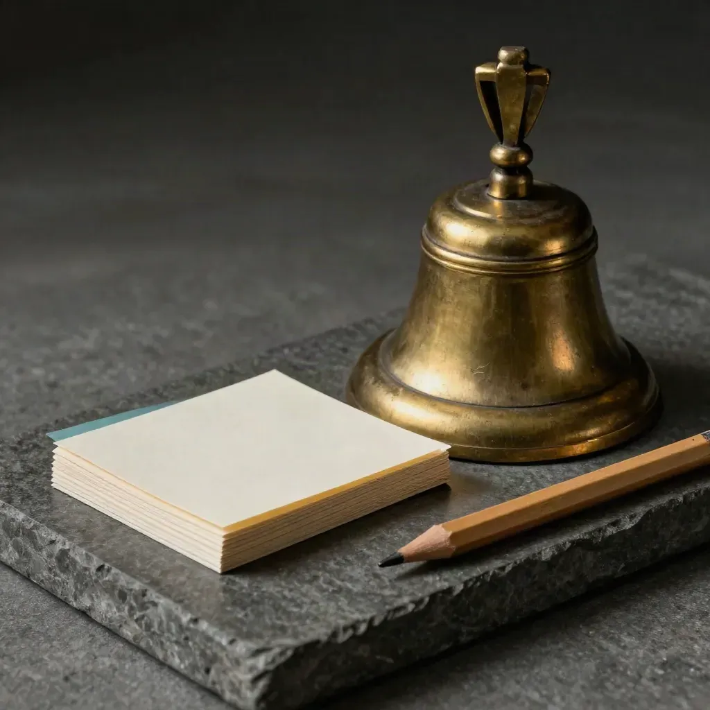 Brass tafelbel, stapel afspraaktabs en houten potloodstomp op donkere stenen ondergrond.
