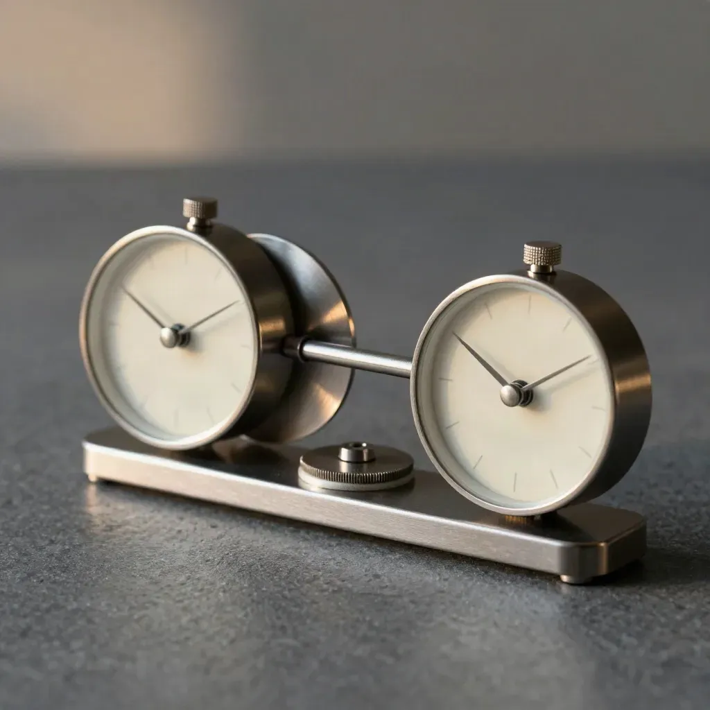 Twee analoge klokjes met metalen koppeling en uitgelijnde schijven op donkere steen.