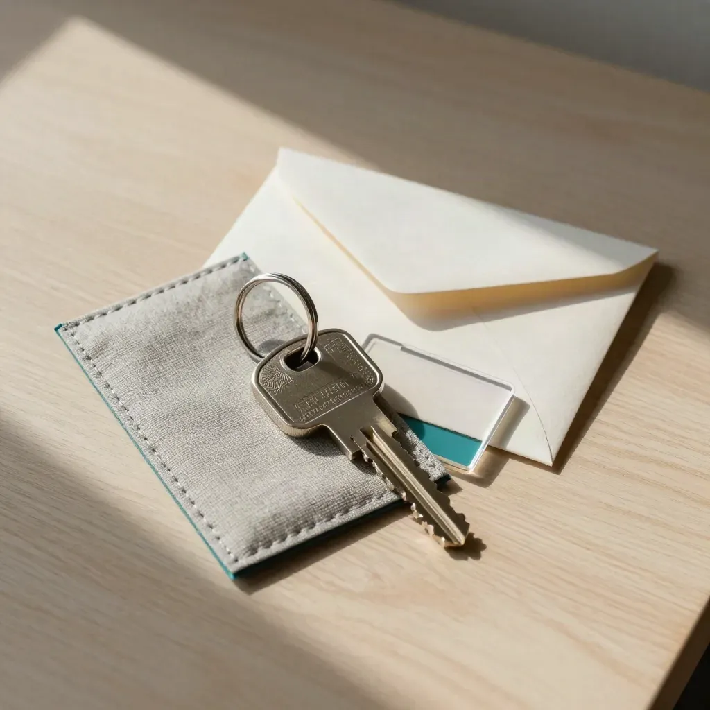 Hotel sleutelset met keycard sleeve, envelop en organizer op licht hout, met teal-accent.