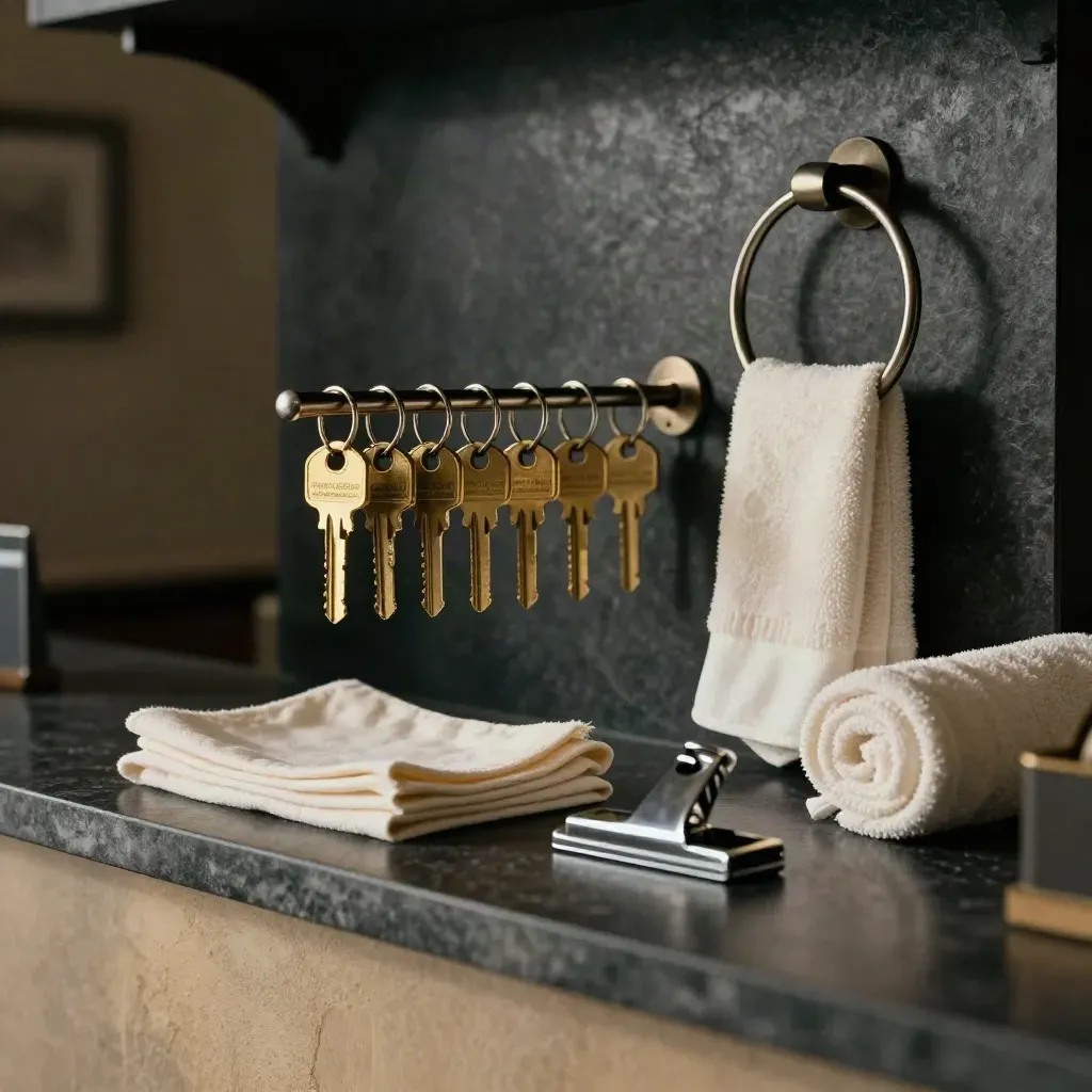 Brass sleutels, housekeeping clip en linnen labels bij een towel ring in een donkere lobby