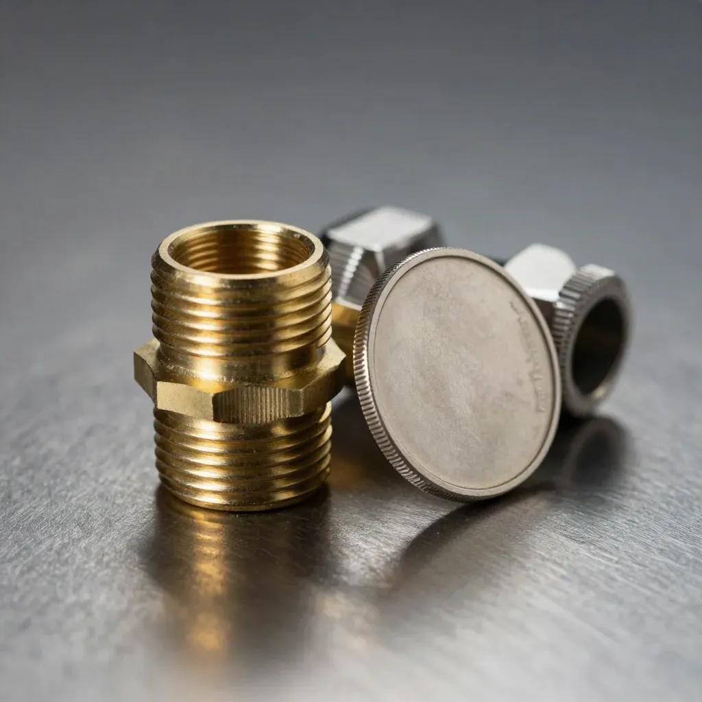 Brass koppeling en connector op geborsteld metaal in dramatisch licht.