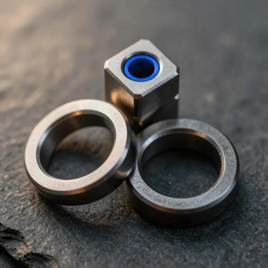 Macro van stalen ringen, kabeldoorvoer en connectorblok op donkere steen met blauw accent.