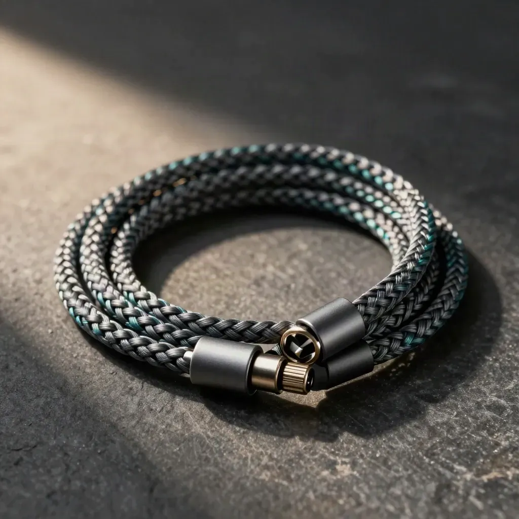 Gevlochten kabels met koppeling en twee matte doppen op donkere steen, met subtiel teal accent.